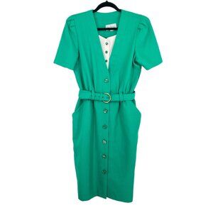Vintage Peri Petites 80s Dress Kelly Green 14 Button Front Belted Pockets USA